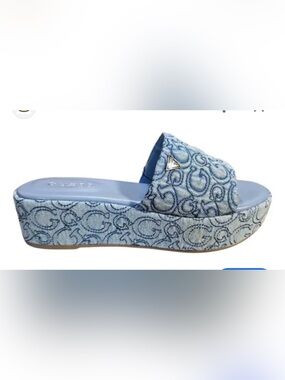 Guess Light Blue Denim Logo Platform Mule